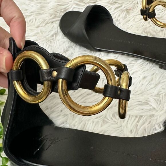 Giuseppe Zanotti Black Leather Gold Ring Ankle Strap OpenToe Sandals 36.5/6.5 US - Picture 11 of 11